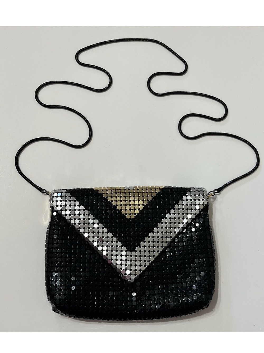 Vintage Metal Mesh Evening Bag Purse Cocktail Black Silver Gold Chevron